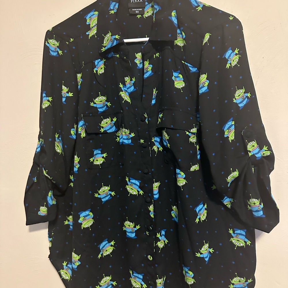 Disney Black and Blue Alien Print Women's Button Down Shirt